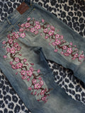 SHOPMOCHO Retro Three Button Closure Cherry Blossom Embroidered Jeans Women Washed High Waisted Baggy Jeans Harajuku Floor Denim Pants