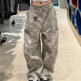 Shopmocho Women's American Retro Stitching Leopard Print Jeans Streetwear Hip-hop Loose Straight Trousers 2025 New Y2K Wide Leg Denim Pant