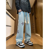 SHOPMOCHO Jeans men 2026 Spring New Patchwork Straight-leg jeans Personalized five-pointed star design Stretch waistband street jeans