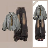 Shopmocho 2025 2PCS American Retro Pants Sets Striped Long Sleeve Casual Blouses Patchwork Button Punk Jeans Chic Women Two Piece Suits