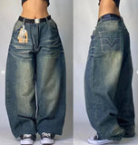 Shopmocho American Fashion Trend Joker Pattern Embroidered Loose Jeans Women Street Y2K New Hip Hop Oversized Wide-leg Pants Unisex Jeans