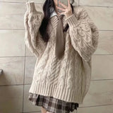 Shopmocho Autumn Winter Women Sweater Harajuku Oversized Knitted Pullovers Korean Long Sleeve V Neck Knitwear Preppy Solid Loose Jumper