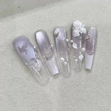 SHOPMOCHO 10Pcs Fashion Gentle Handwork Press On Nails French Style Flowers Butterfly Rhinestone Pearl Design Detachable False Nails Gift