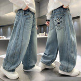 SHOPMOCHO Boys' Wide Leg Jeans Cartoon Embroidery Back Pocket Loose Fit Streetwear Casual Denim Pants Comfortable Fashion Ages 5-15 Years