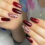 Shopmocho 24Pcs Long Coffin Leopard Print False Nails with Glue Sweet Cool Diamond Fake Nail Set Floral French Press on Wearable Nail Tips