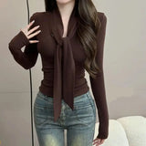 SHOPMOCHO Slim Drawstring Lacing Sexy Tops Women Clothing Spring Autumn Long Sleeve Solid Simplicity Temperament T Shirts Korean Fashion