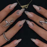 SHOPMOCHO 24pcs Golden Lines Patterns False Nails Dark Purple Blush French Fake Nails for Spice Girls Sweet Cool Almond Ins Nails Press On