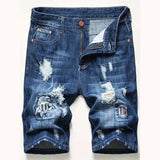 SHOPMOCHO Men's denim shorts with summer frayed elastic men's casual pants slim-fit European-style shorts tight and worn-out men's pants