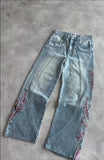 SHOPMOCHO Men Women Cherry Blossom Knight All Embroidery Denim Pants Y2k Vintage Baggy Street Straight Jeans High Waisted Washed Blue Jean