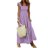 Shopmocho Elegant Plaid Slip Maxi Long Dress Summer Women Strapless Ruffle Backless Pleated Elastic Waist Boho Party Swing Loose Dresses