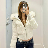 SHOPMOCHO American Retro Pink Fur Collar Hooded Short Cotton Coat Fashion High Street Fur Collar Hooded Cotton Coat Winter Jacket Women