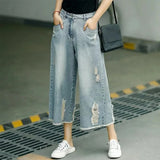 Shopmocho Retro Faded Hole Denim Jeans Women Summer Thin High Waist Loose Wide Leg Pants Small Size Seven Casual Pants