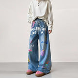 SHOPMOCHO American Retro Graffiti Print Loose High Waist Men's Jeans Autumn Winter Korean Style Floor-Length Causal Trousers Wide Leg Pant