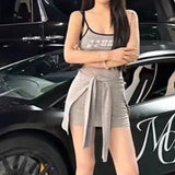 SHOPMOCHO 2026 Summer Thin Strap Sleeveless English Letter Front Strap Apron Design Fake Two Piece Dress  evening dresses