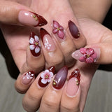 SHOPMOCHO 24PCS Simple Ins Dark Pink Blush 3D Flower Almond False Nails with Glue Leopard Print French Spice Girls Fake Nail Tips Press On