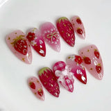 Shopmocho 24pcs Wearable False Nail Strawberry Bow Design Nails Tips Red Short Almond Pearl Starlight Fake Nail Art Flower Press on Nails