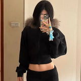 SHOPMOCHO Black Fur Collar Zipper Sweatshirt Simple Fashion Furry Collar Zipper Hooded Sweatshirt Vintage Y2k Zipper Hooded Sweatshirt