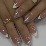 SHOPMOCHO 24Pcs Mid-length Almond Ballet False Nails Simple Cat Eye Design Press on Fake Nail Wearable Full Cover Nail Tips Manicure Tools