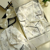 SHOPMOCHO 2026 New Ice Silk 2 Pieces Pajamas for Women Autumn Spring Women's Pajamas Set Elegant Ptinting Flower Home Wear Soft Sleepwear