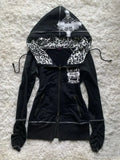 SHOPMOCHO Y2k Harajuku Retro Leopard Black Sportswear Hip Hop Slim Fit Spicy Girl Retro Multi Functional Hoodie Gothic Punk Zipper Hoodie