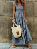 Shopmocho Elegant Plaid Slip Maxi Long Dress Summer Women Strapless Ruffle Backless Pleated Elastic Waist Boho Party Swing Loose Dresses