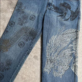 SHOPMOCHO Japanese Dragon Knitted Jeans Men Women Baggy Fit High Street Urban Casual Trendy Fashion Hip Hop Streetwear Daily Wear Style