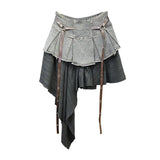 SHOPMOCHO-Retro Spliced Denim Pleated Skirt for Women Summer New Temperament Hot Girl Fashionable High Waist A-line Skirt