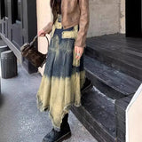 Shopmocho Women's Vintage Cross Fringed Denim Skirt, High Waist A-line Slimming Irregular Mid Length Skirt, Autumn and Winter New Style