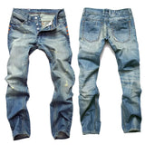 SHOPMOCHO Vintage Straight-Leg Slim Fit Men's Jeans With Buttoning Casual Style Dark Blue Stretchy Comfortable Fit For All Seasons
