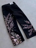 SHOPMOCHO New Black Wide Leg Denim Jeans Men Dragon Print Cherry Blossom Embroidery Vintage Washed Loose Harajuku Streetwear Casual Pants