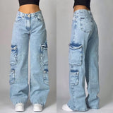 SHOPMOCHO American New Skull Embroidery Casual Baggy Jeans Women Y2K Street Harajuku Vintage Gothic High Waist Joker Wide Leg Pant Trouser