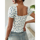 SHOPMOCHO Bohemia Summer Y2k Women's T-shirt Puff sleeve French shirt female Sexy slim Short sleeve woman T-shirt V-neck floral short top