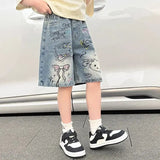 SHOPMOCHO New Summer Girls Denim Shorts Cartoon Hello Kitty Fashion Loose Knee Length Jeans Pants For 4-14 Years Teen Kids Casual Trousers