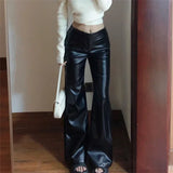 Shopmocho Black Pear-Shaped High-Waisted Plus-Size Wide-Leg PU Leather Pants Women's Bell-Bottom Pants Autumn Season