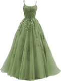 Shopmocho Tulle Spaghetti Straps Prom Dresses Long Lace Appliques Ball Gowns for Women