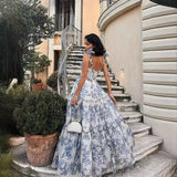 Shopmocho Floral Print Sleeveless Backless Lace Up Midi Prom Dress Women Elegant High Waist A Line Evening Dresses 2025 Summer Outfits