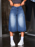 SHOPMOCHO American Retro Hot Girl Style Distressed Fleece Hem Jeans Mid-Thigh Pants, Must-Have Streetwear, High Waist Loose-Fitting Casual