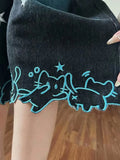 SHOPMOCHO Women High Waist Cute Cartoon Cat Embroidery Jeans Girls Vintage Y2k Clothes Calf Length Denim Pants Harajuku Blue Streetwear