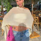 Shopmocho Summer Irregular Knitted Cover-ups Crop Tops Y2k Aesthetic Vintage Smocked T-shirt Boho Beach Vacation Going Out Pullovers Tees
