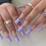 Shopmocho 24pcs Rhinestones Full Cover Nail Art Datachable Glitter French Press on Nails Tip Flower Long Square Fake Nail Pink False Nails