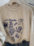 Shopmocho Korean Fashion Women's Gray Embroidered Round Neck Short Sweatshirts Autumn Long Sleeves Vacation Pullovers Tops Casual Popular