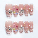 SHOPMOCHO 10pcs Purple Cat's Eye Handmade Fake Nails Tips Glitter Mid-length Oval Press on Nails Art Bow Rhinestone Design False Nail Sets