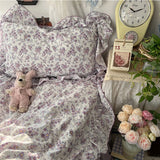SHOPMOCHO 3/4Pcs Korean Princess Style Floral Ruffles Bedding Set Skin-friendly Soft Duvet Cover Set Bed Sheet Or Bed Skirt Pillowcases