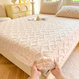 Shopmocho 1pc Winter Warm Bed Sheet with Elastic Band Single/Queen/King Mattress Cover Thick Coral Fleece Fluffy Fitted Bed Sheets for Bed