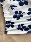 Shopmocho Ladies Summer Beach Style Knitted Floral Print Halter Top Slim Fit Sexy Pleated Waist Youthful  Vacation Top