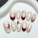 SHOPMOCHO 10pcs Purple Cat's Eye Handmade Fake Nails Tips Glitter Mid-length Oval Press on Nails Art Bow Rhinestone Design False Nail Sets