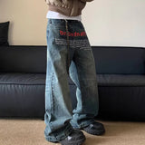 SHOPMOCHO Korean Version Retro Letter Printed Jeans For Men Loose Straight Leg Wide Leg Pants High Street Hip-Hop Design Casual Pants