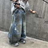 SHOPMOCHOAmerican Tween Girl High Fashion Distressed Wide Leg Banana Jeans for Child Luxury Denim Pants Kids Dirty Washed Jeans Trousers