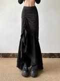 SHOPMOCHO Y2k Spicy Girl Skirts Solid Color Lace Patchwork Draw String Irregular Long Skirt Harajuku Design Streetwear Women's Clothing