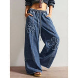 SHOPMOCHO Women's Pants Loose Wide Leg Jeans Embroidery Elastic Waistband Drawstring Adjustable High Rise Comfort